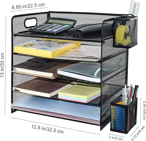 Miniatura 2 de VANRA Organizador de papel para 5 bandejas, bandeja de cartas de malla metálica, estante de escritorio negro con asa y 2 soportes para lápices para