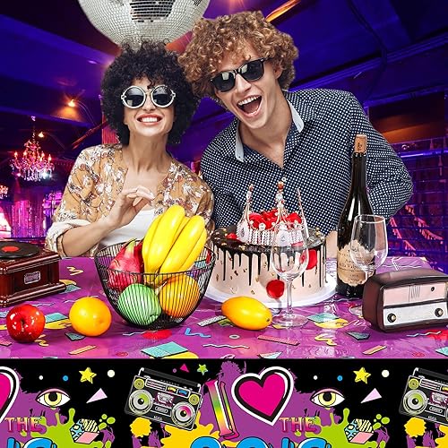 Miniatura 6 de Kasyat Mantel de plástico de 3 piezas de los años 80 para fiestas, cubierta de mesa de los años 80, suministros de cumpleaños de los 80, decoración