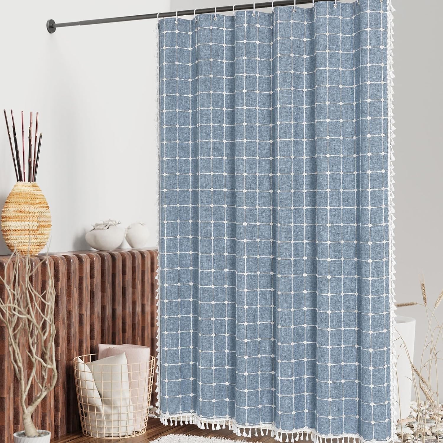 MitoVilla Blue Boho Shower Curtains for Modern Farmhouse Bathroom Decor, Vintage Country Thick Polyester Linen Fabric Shower Curtain, Rustic Tassel Cloth Shower Curtain, 72 x 72 - Image 2