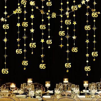 Gold 65th Birthday Decorations Number 65 Circle Dot Twinkle Star Garland Metallic Hanging Streamer Bunting Banner Backdrop for 65 Year Old Birthday Happy 65th Anniversary Sixty Five Party Supplies