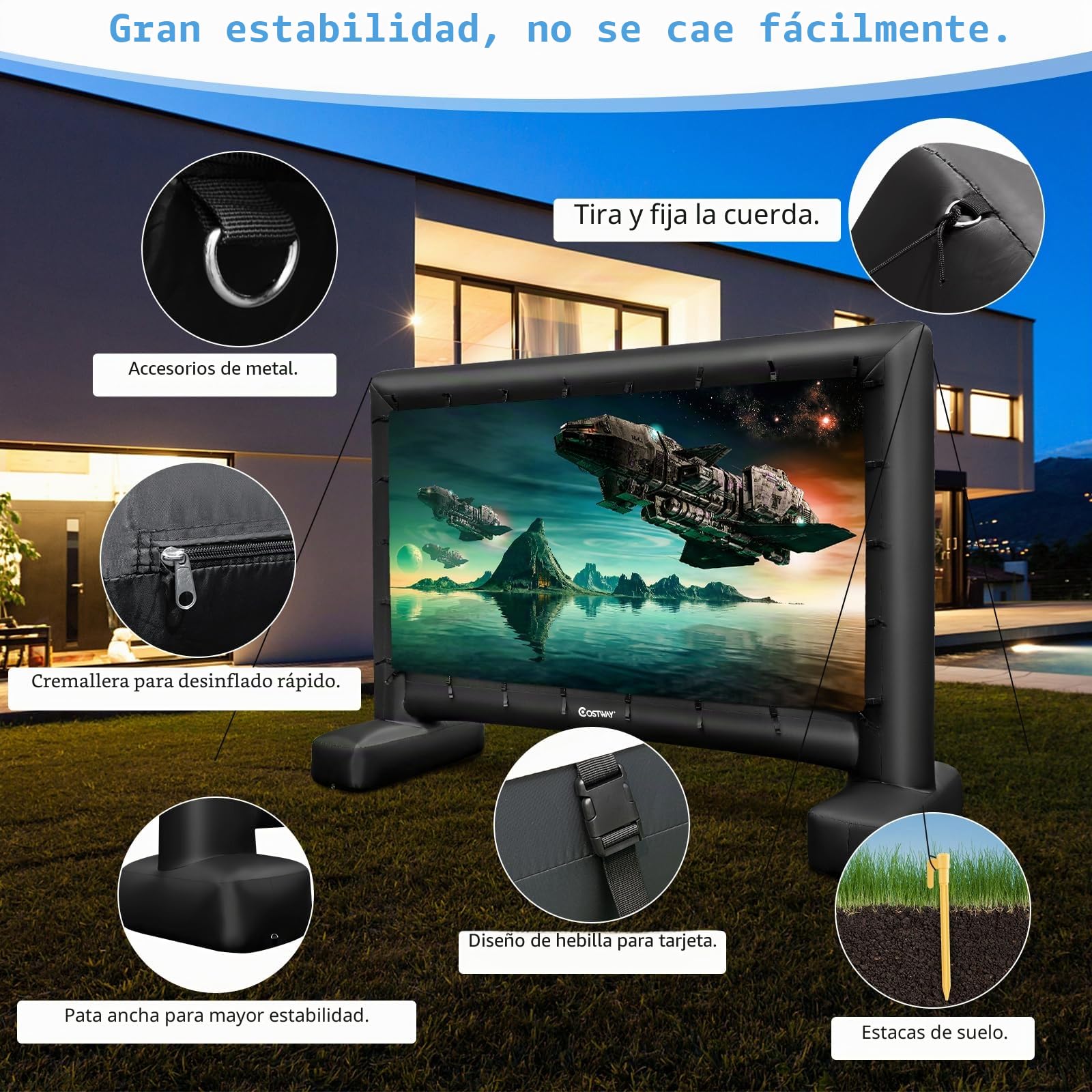 GOPLUS Pantalla Hinchable Exterior 4/4,5/5 m, Pantalla Gigante Hinchable para Videoproyector y Cine con Ventilador, Bolsa de Almacenamiento, Estacas para Suelo, Fácil Instalación, Doble Cara (328 x