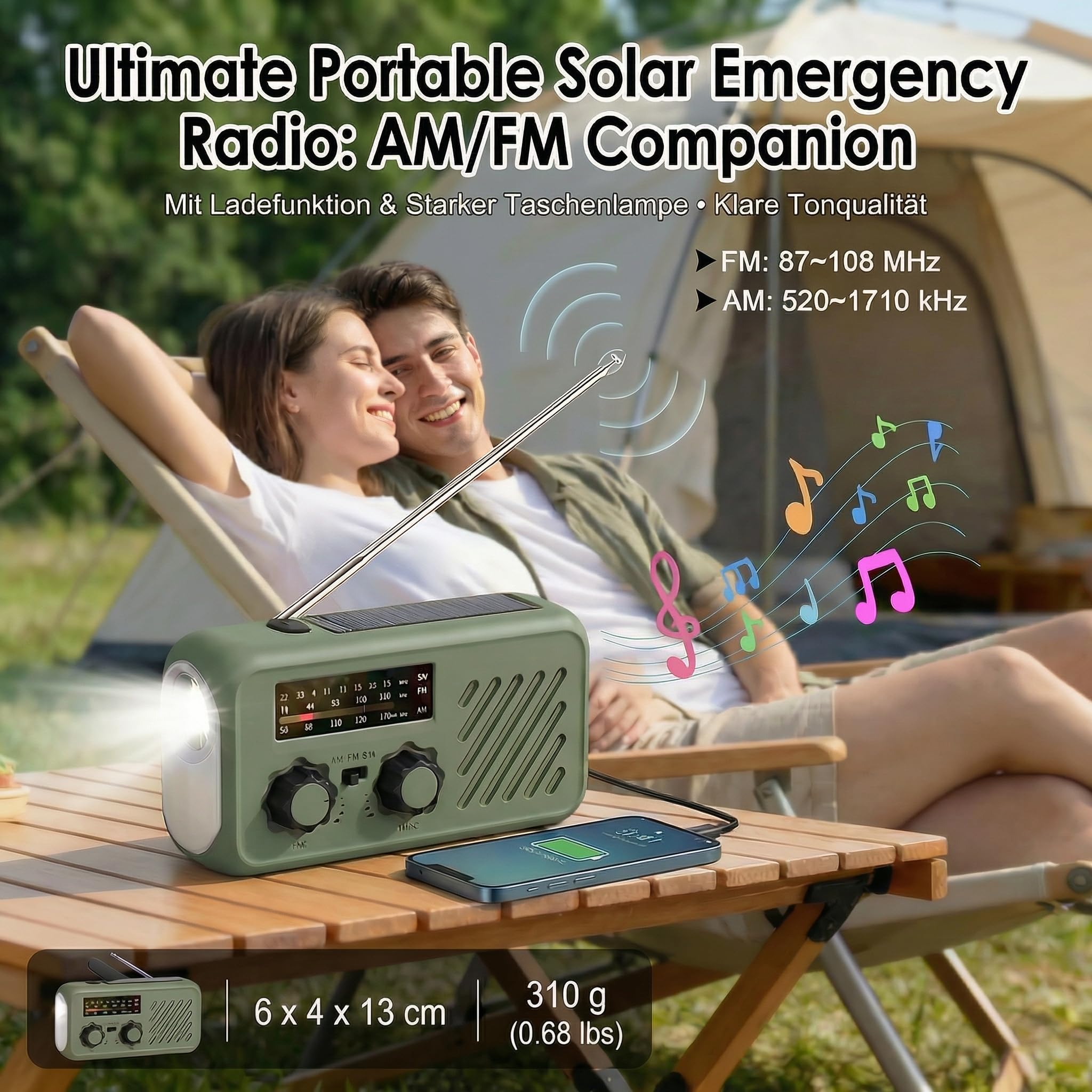 Notfall Radio Kurbelradio mit Kopfhöreranschluss, Wechselbarem Akku & 2000mAh Powerbank, Solar Radio AM/FM mit LED Licht & SOS Alarm für Stromausfall Camping Auto