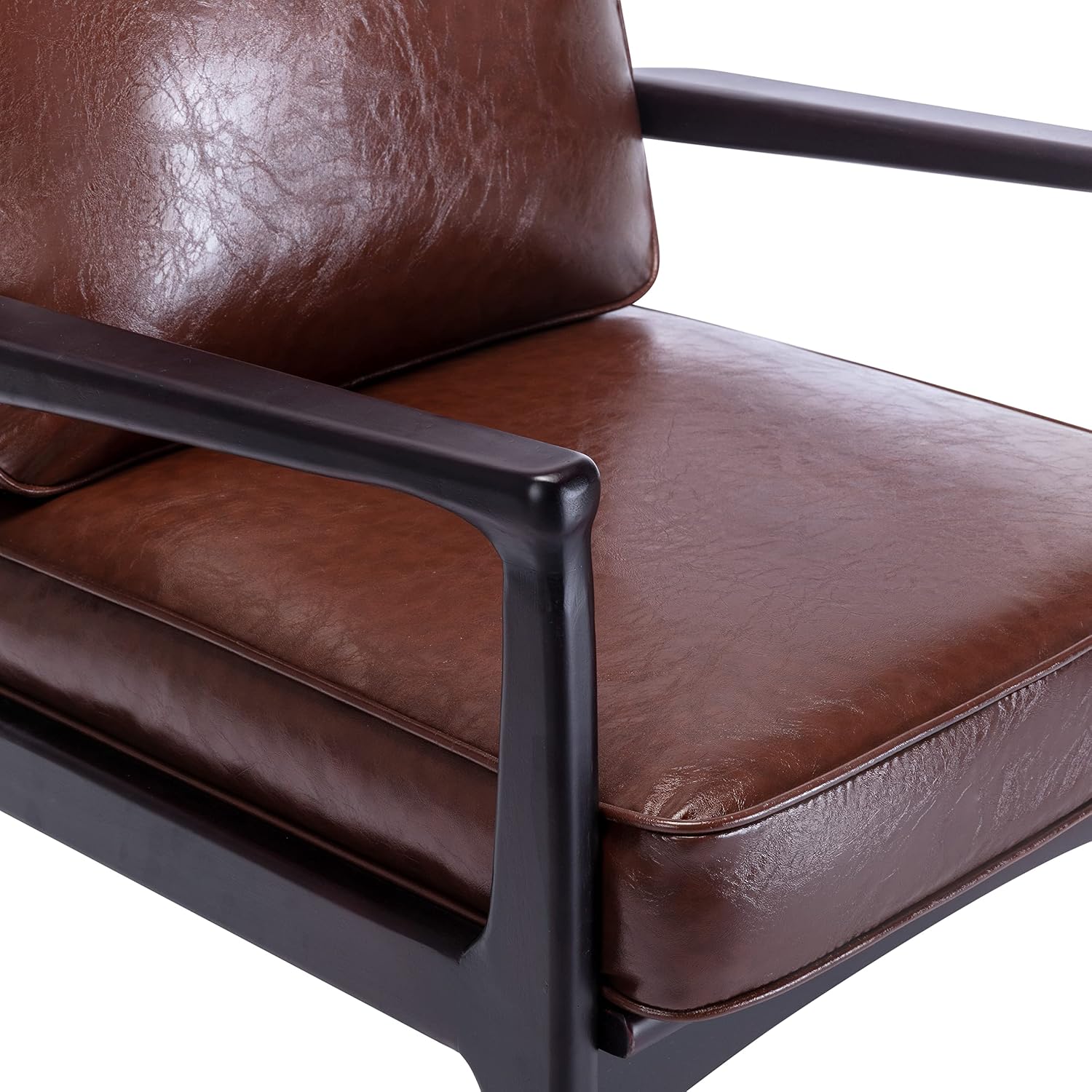Merax Brown Mid Century Modern PU Leather Accent Chair Comfortable Wood Reading Armchair for Living Room Bedroom, Set of 1