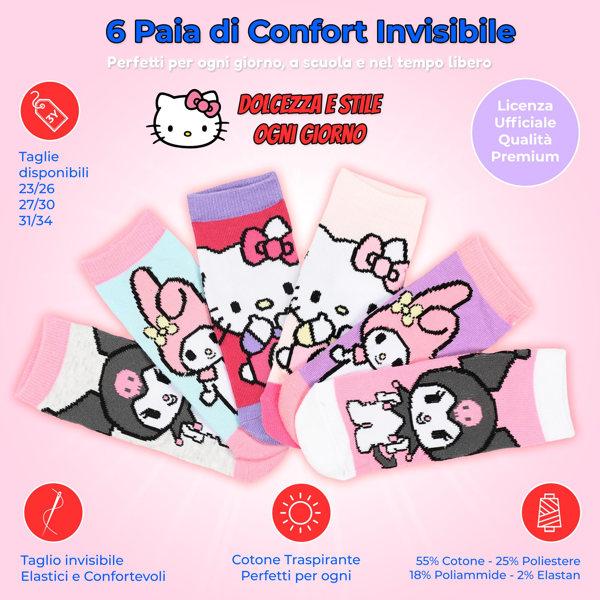 Hello Kitty Friends - Calcetines invisibles para niña, juego de 6 pares, fantasmas de algodón suave multicolor, Kuromy My Melody, tallas 23/26, 27/30, 31/34, zapatos bajos