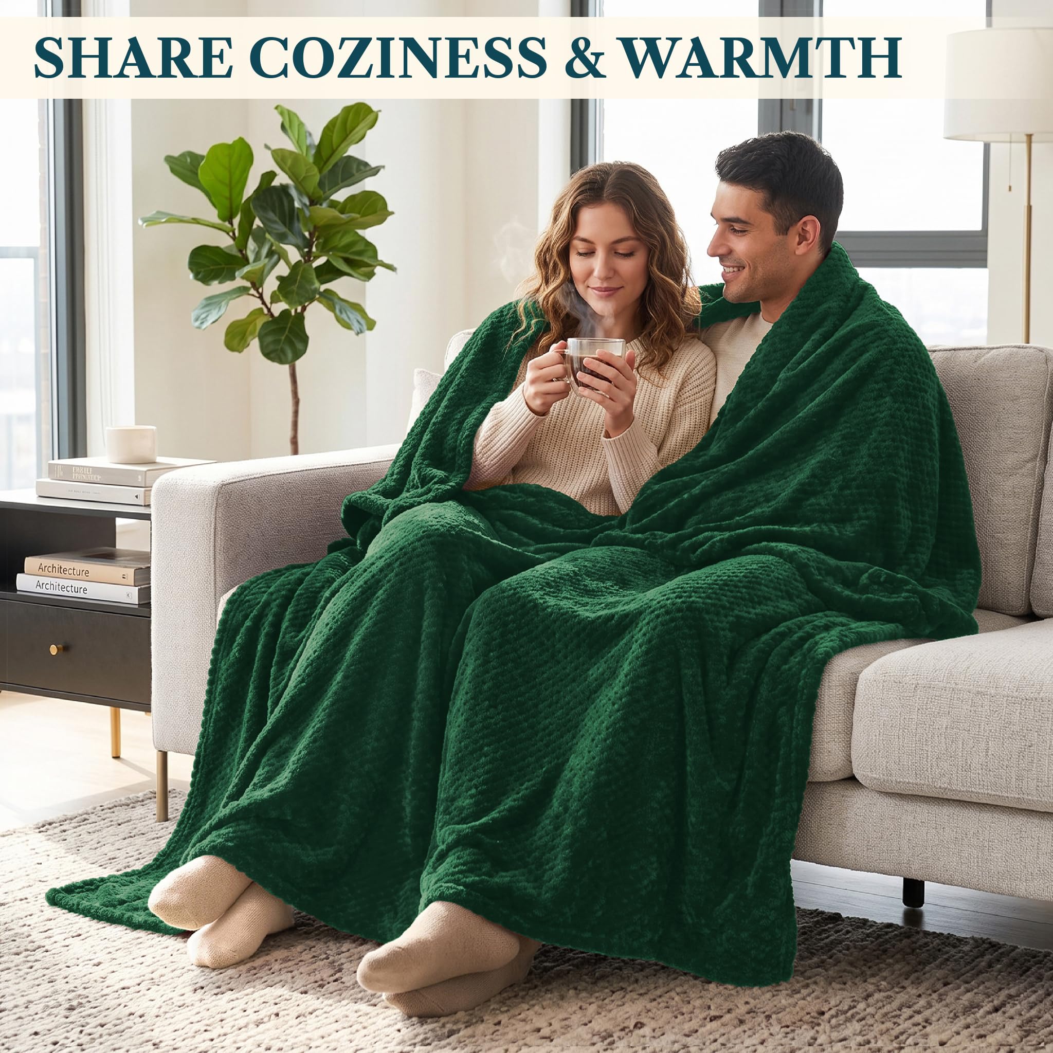 PAVILIA Couverture en Molleton Vert émeraude pour canapé, Sofa et lit, Microfibre Jacquard gaufrée, Chaude, légère, résistante à la décoloration, décoration pour Toutes Les Saisons, 152,4 x 203,2 cm
