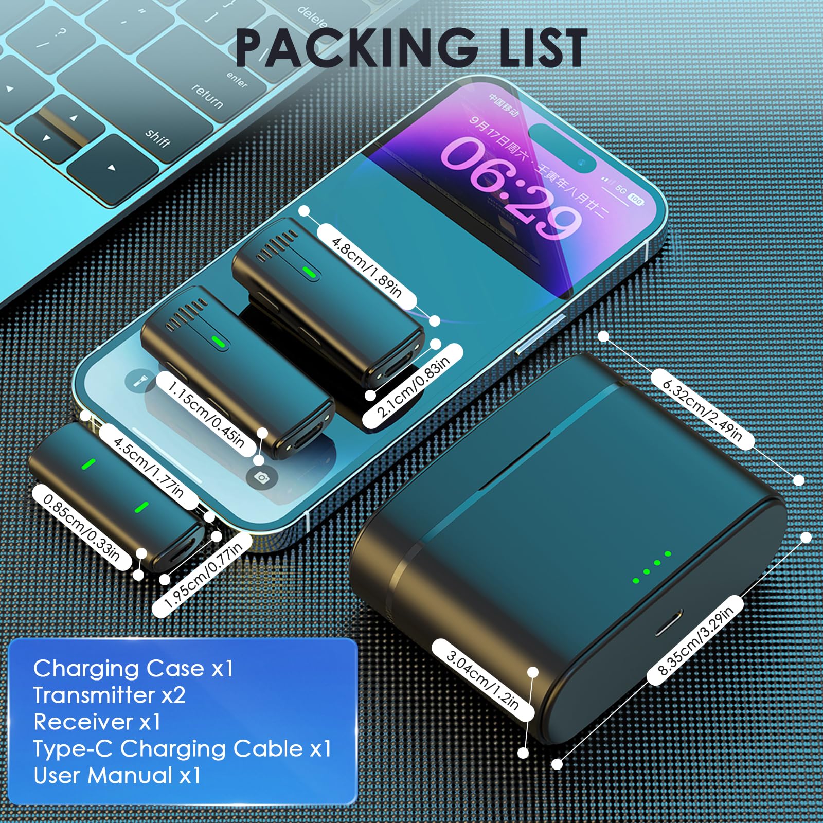 Bezprzewodowy mikrofon z etui ładującym do iPhone'a, iPada, Androida, cyfrowy wyświetlacz, mikrofon krawat USB C, redukcja szumów