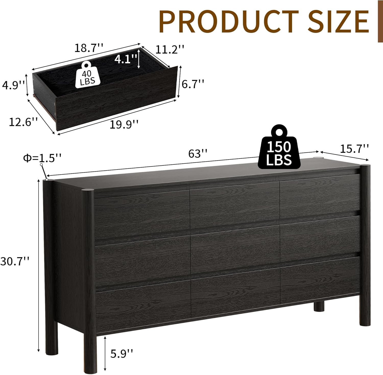 Diagram showing the dimensions and weight capacities of the CHUWELL 9-Drawer Dresser