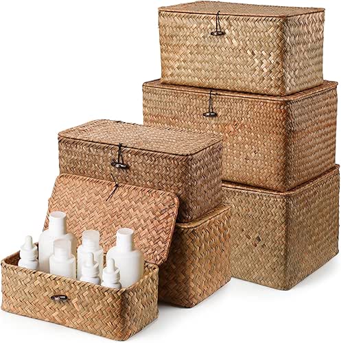 Kigley 6 Pc Wicker Storage Baskets with Lids