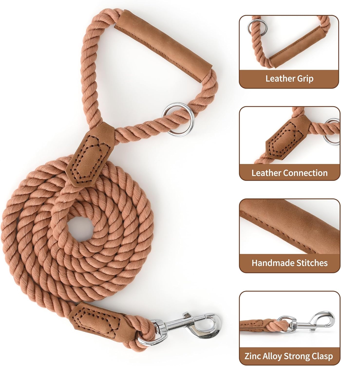 Mile High Life Dog Leash, Braided Cotton Rope Leashes with Leather Handle - Heavy Duty Metal Clasp, 6FT, 1/2" Thick - Wedding, Walking & Training Leash for Medium Large Dogs (Mocha Mousse)