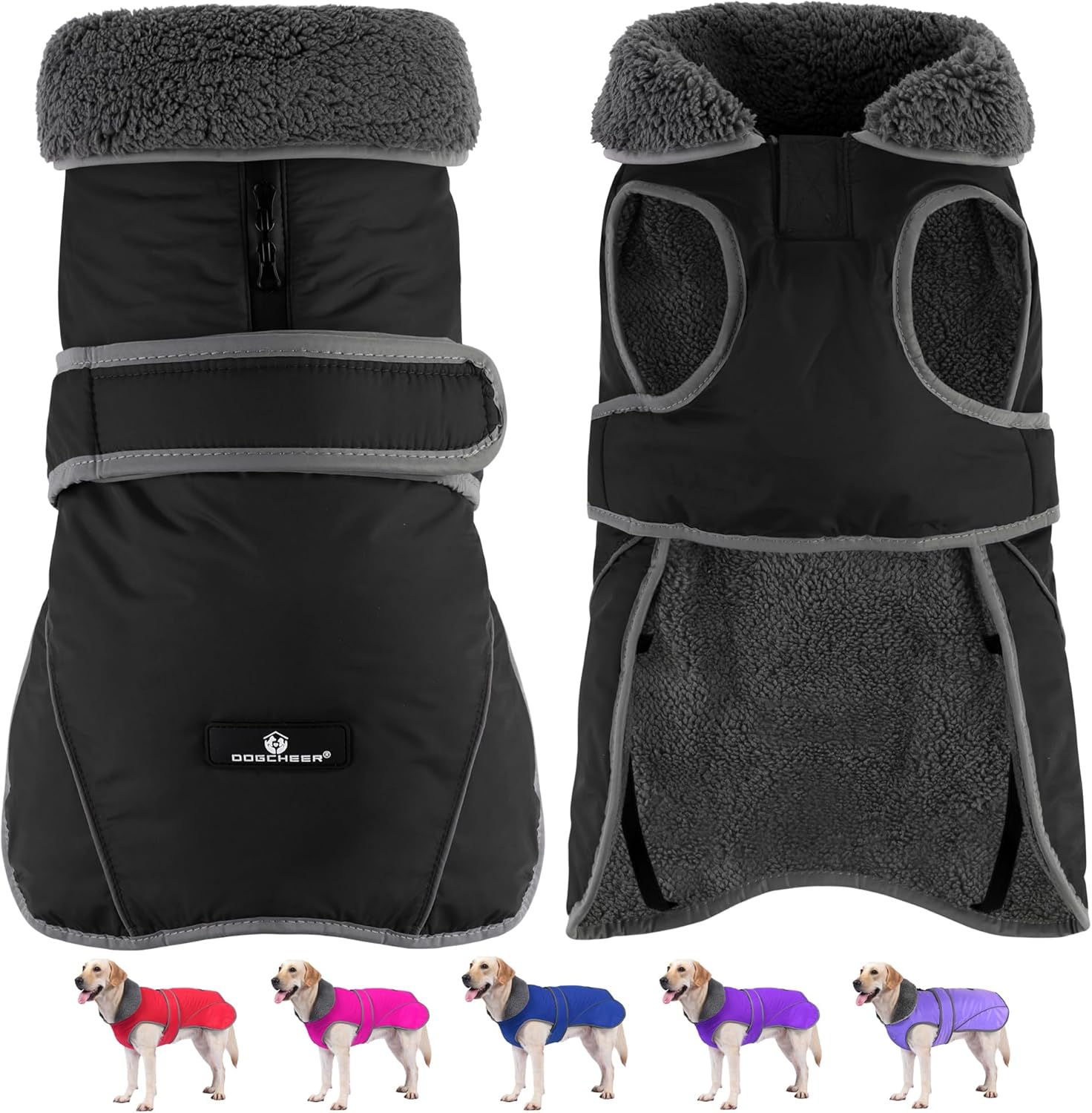 Dogcheer Dog Coat, Waterproof Dog Jacket Reflective Pet Winter Coat with Adjustable Hook & Loop, Christmas Puppy Fleece Jacket Warm Turtleneck Snowsuit for Small Medium Large Dogs - Black, L