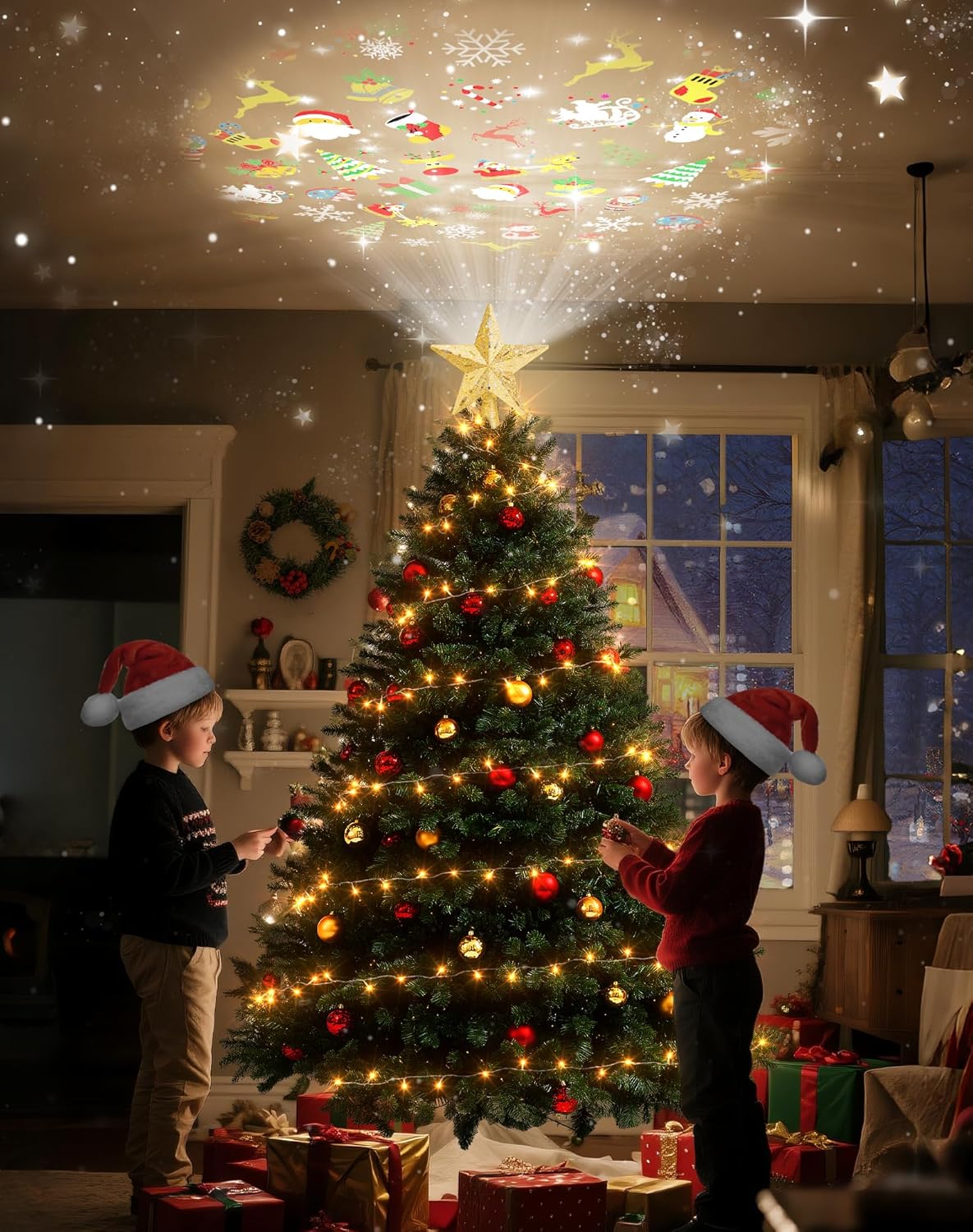 Christmas Tree Topper with 32.8FT Warm Light Cord and 6 Projection Modes, Christmas Star Tree Topper Built-in LED Rotating Projector Lights, 3D Glitter Christmas Tree Decorations (Gold)