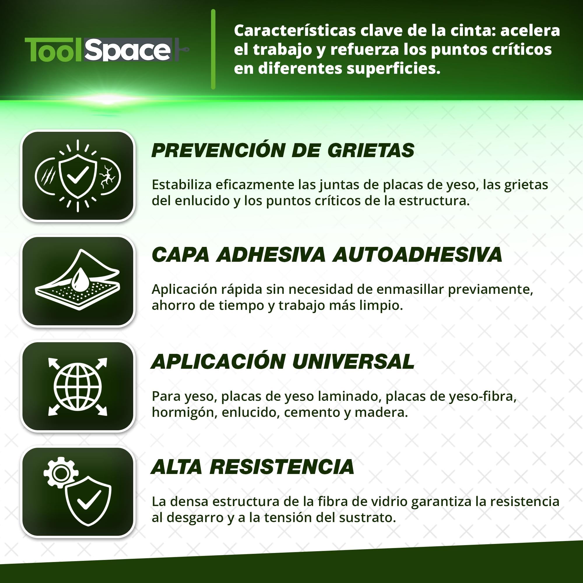 ToolSpace Cinta Fibra Vidrio Autoadhesiva Para Grietas Y Juntas Placas De Yeso 15 Cm X 20 M Para Pared Y Techo, Rollo Ancho Para Reparaciones Limpias Y Refuerzo En Paredes, Techos Y Esquinas