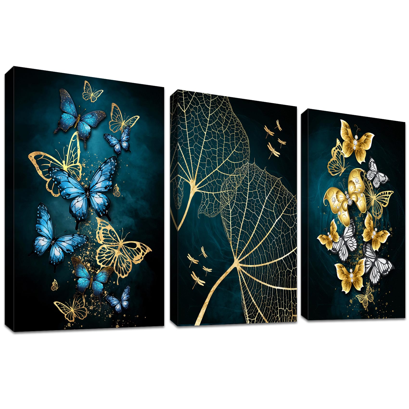 HALFLEMART 3 Panels Wooden Framed Canvas Wall Art Golden Butterfly Canvas Prints Blue Gold Lotus Leaves Painting Poster Pictures for Living Room Bedroom Hallway Wall Decoration 90x40cm(12"x16"x3pcs)