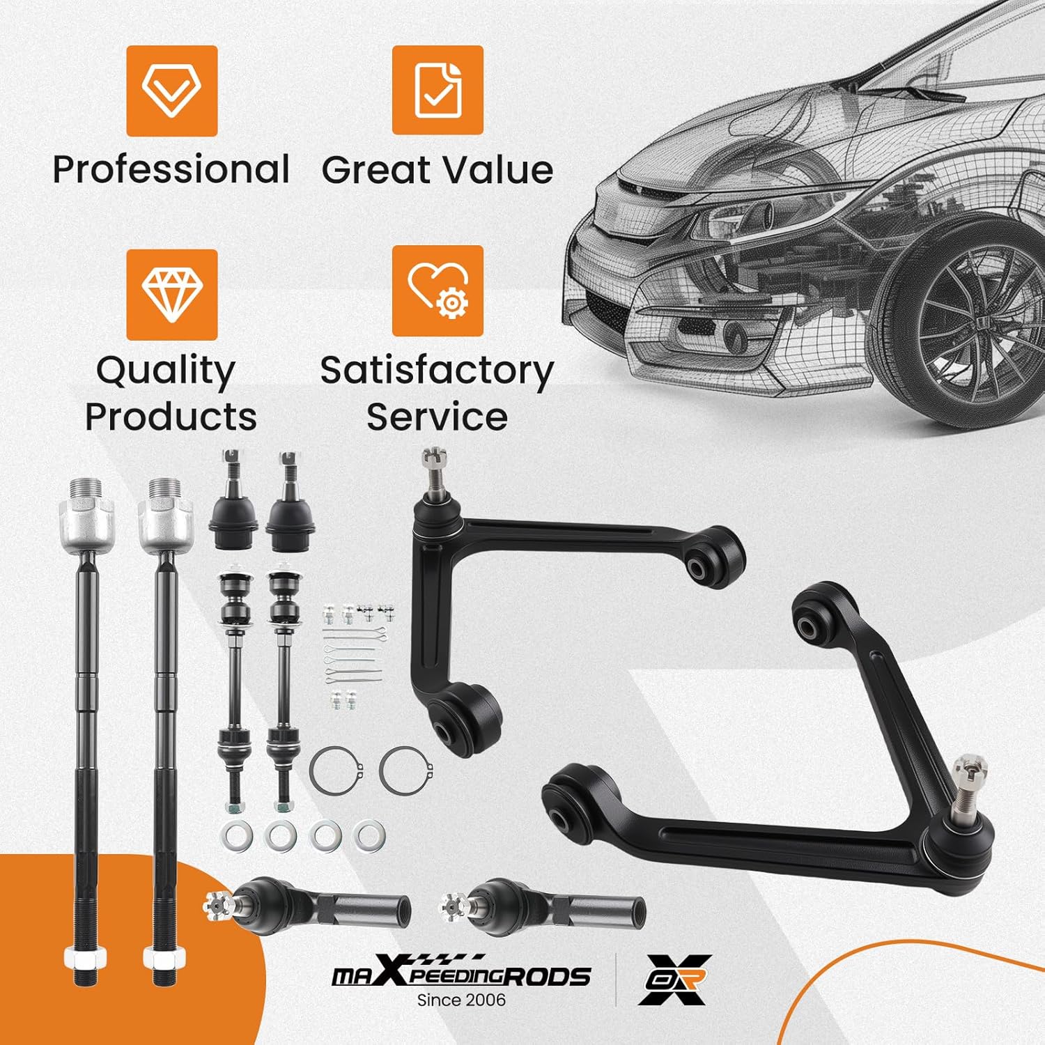 maXpeedingrods 10Pc Front Upper Control Arm for Dodge Ram 1500 2WD RWD 2002-2005, K7424 K7411 K7400 ES3538 EV407 Suspension Upper Control Arm w/Ball Joint Sway Bar Link Tie Rod End Lower Ball Joint