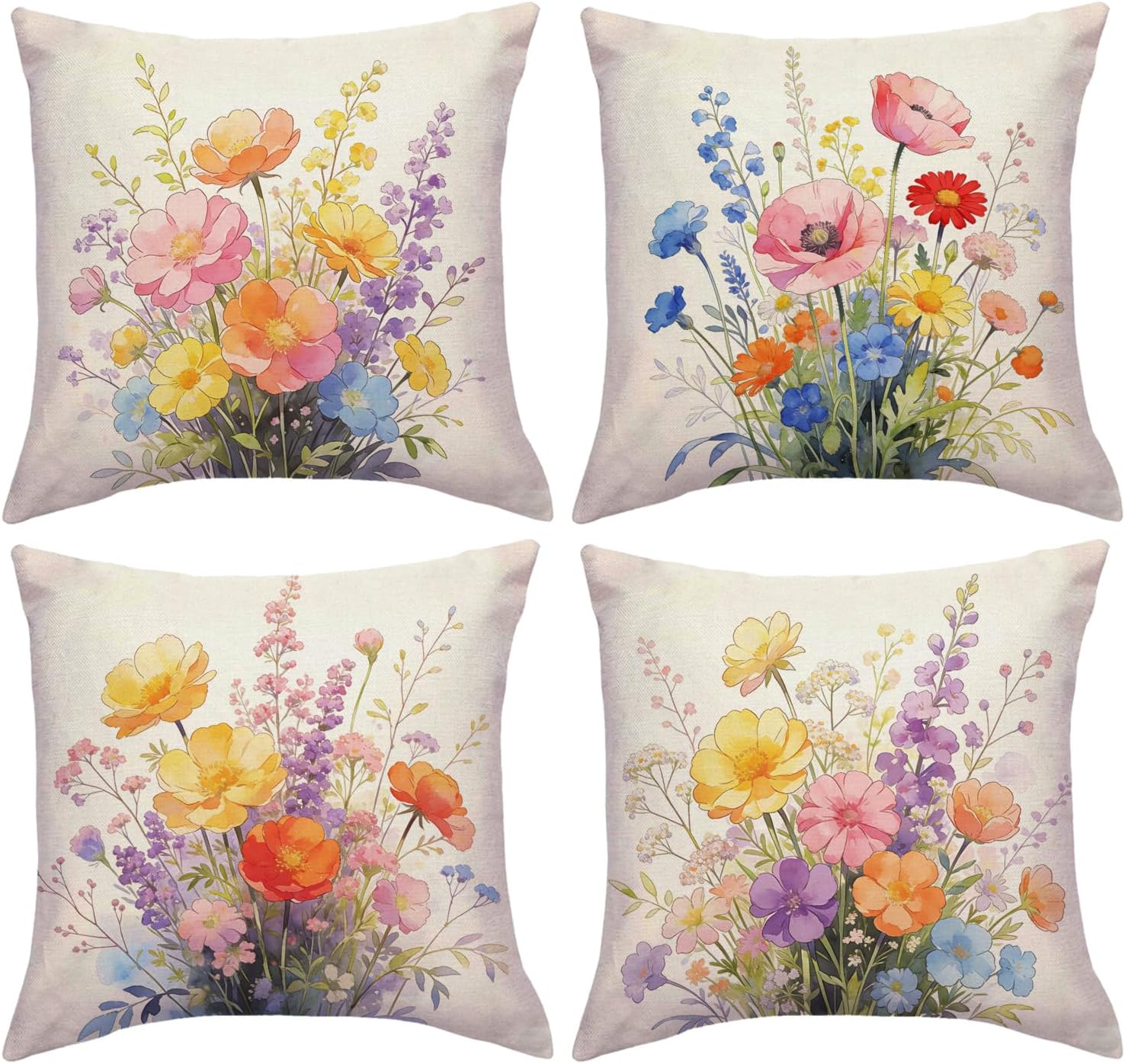 Watercolor Flower Throw Pillow Covers 18x18 inch,Set of 4 Vintage Floral Bouquet Decorative Pillow Cases Spring Farmhouse Home Decor Flower Cushion Cases,for Sofa Patio Bed (Multi)