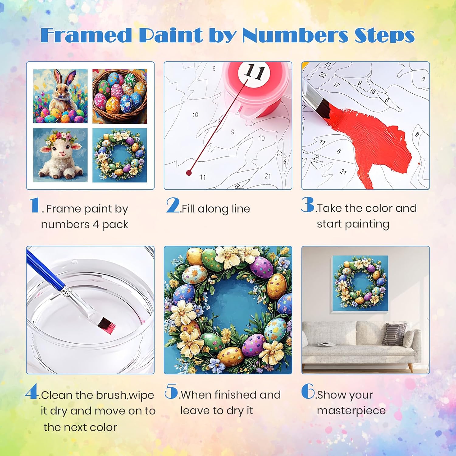 MISCER 4 Pack Paint by Numbers for Adults Beginner, Easter Paint by Number Kits for Kids, Bunny Egg Sheep DIY Acrylic Oil Painting Suitable for Home Decoration (8x8inch)