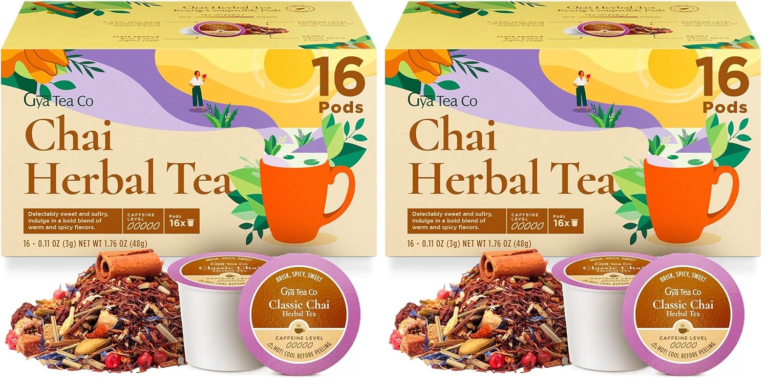 Gya Tea Co Chai Herbal Tea Pod (16 ct) - Decaf Hot Tea with Aromatic & Mellow for Smooth & Comfort (Pack of 2)