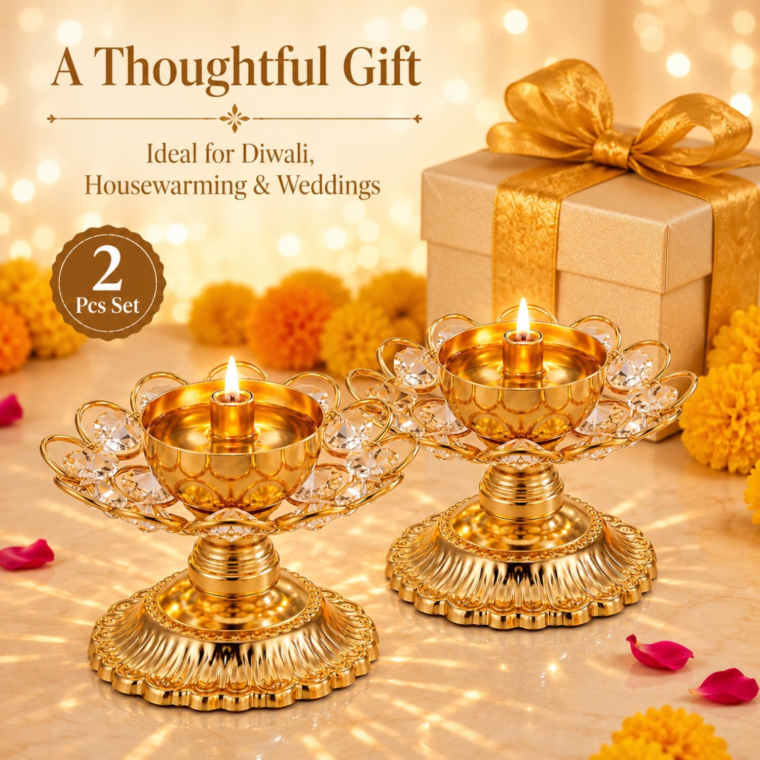 Yungyan 2 Pcs Crystal Oil Akhand Diya Lamp Diwali Traditional Indian Oil Lamp Holder for Puja Hindu Pooja Room Decor Virgin Brass Metal for Home Temple Thanksgiving Decor Housewarming Gifts