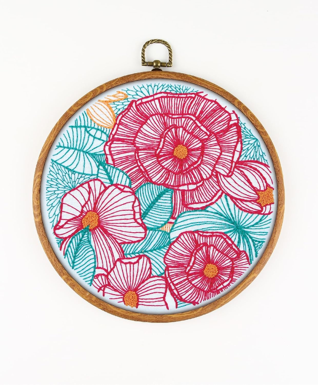 Floral EM233 - DIY Embroidery Kit. Set of Threads, Needles, Stamped Cloth, Needle Threader, Embroidery Clippers and Printed Color Pattern Inside.
