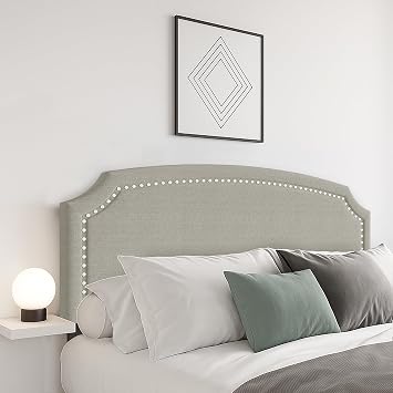 HOME DESIGN Cora King Nailhead Upholstered Headboard, Warm Gray