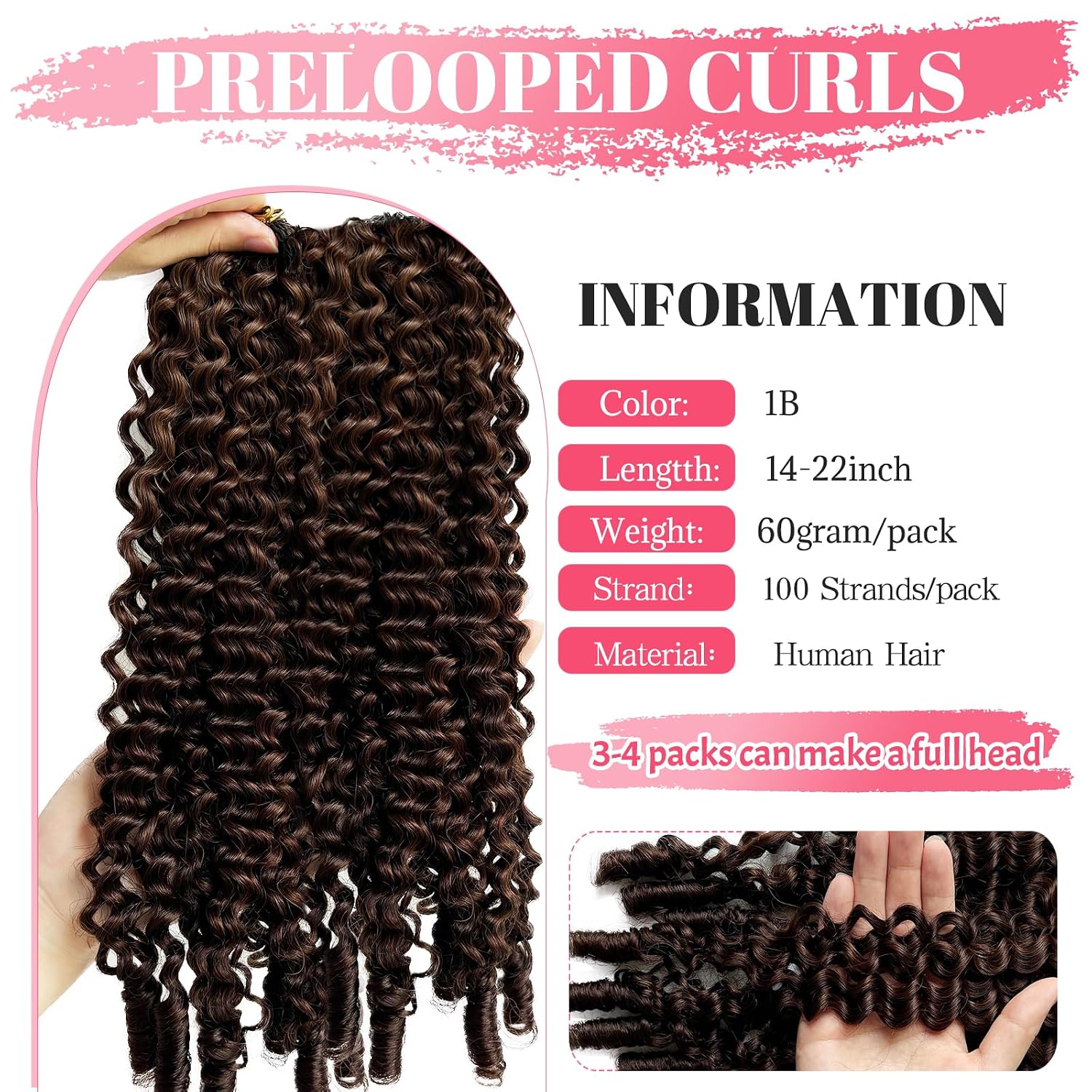 Crochet Human Hair for Women Medium Brown Jerry Curly Human Crochet Hair Pre Looped Color 4# Feather Crochet Hair Extension Invisible Deep Wave 60g 100Strands 14 Inch