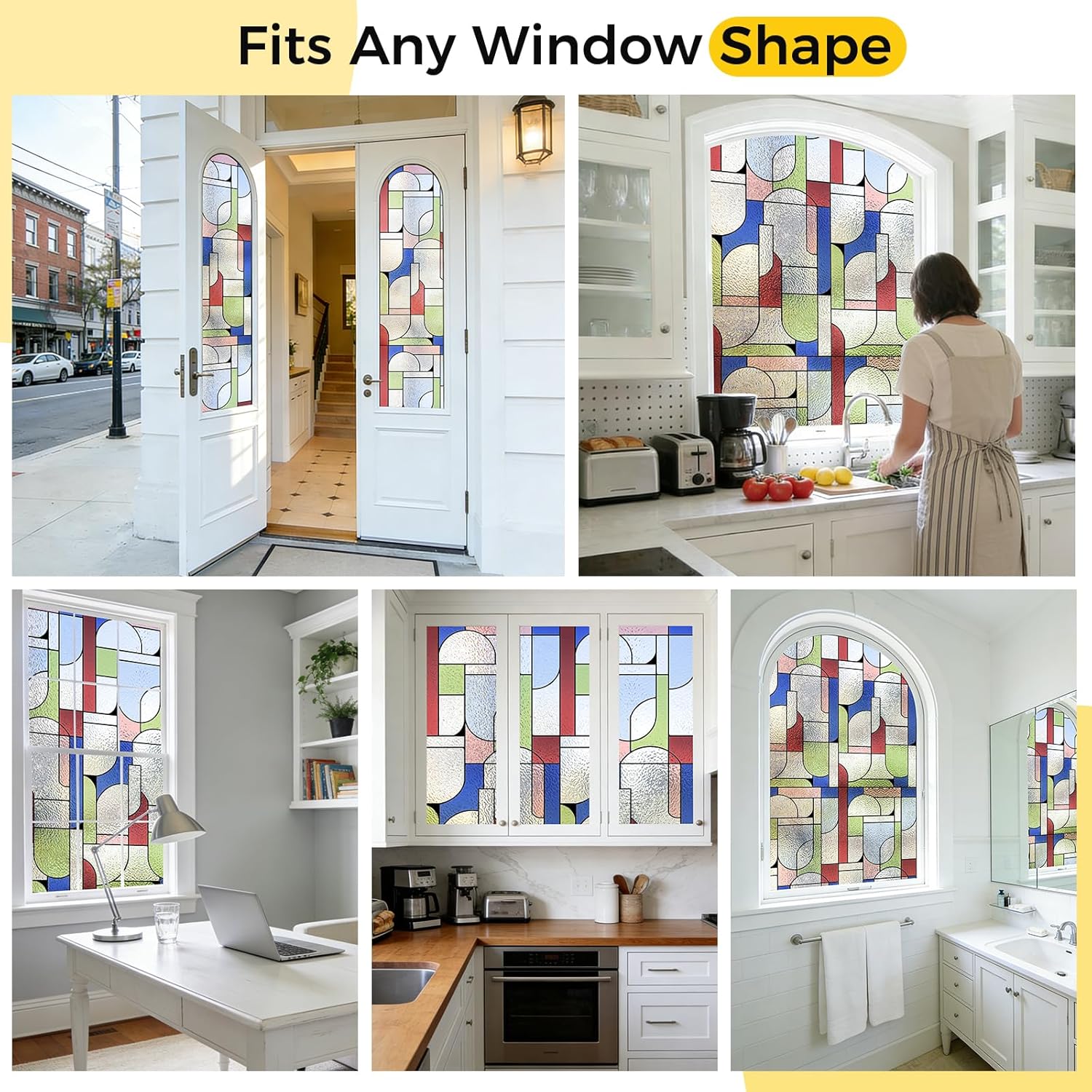 Stained Glass Window Privacy Film Decorative, Static Cling Stained Glass Sticker Opaque Heat Control UV Blocking Non Adhesive Window Film for Front Door,Home,22.8 x 78.7 inches Modern Geometry