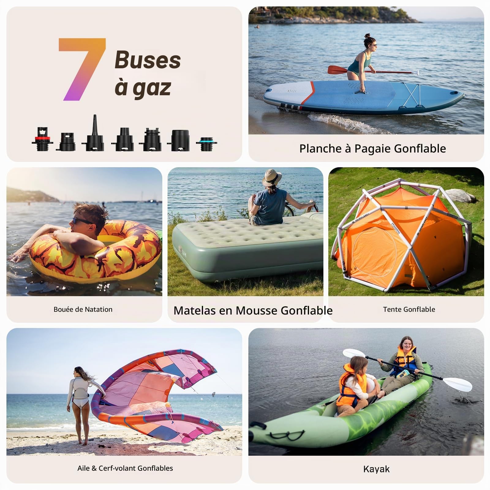 Pompe Sup électrique, Sup Rechargeable 20 PSI, gonflage Rapide | 5 min à 12 PSI, 1,14 kg légère, Batterie 38,48Wh, Gonflage/dégonflage double étage, 7 embouts, SUP, bateaux, kayaks