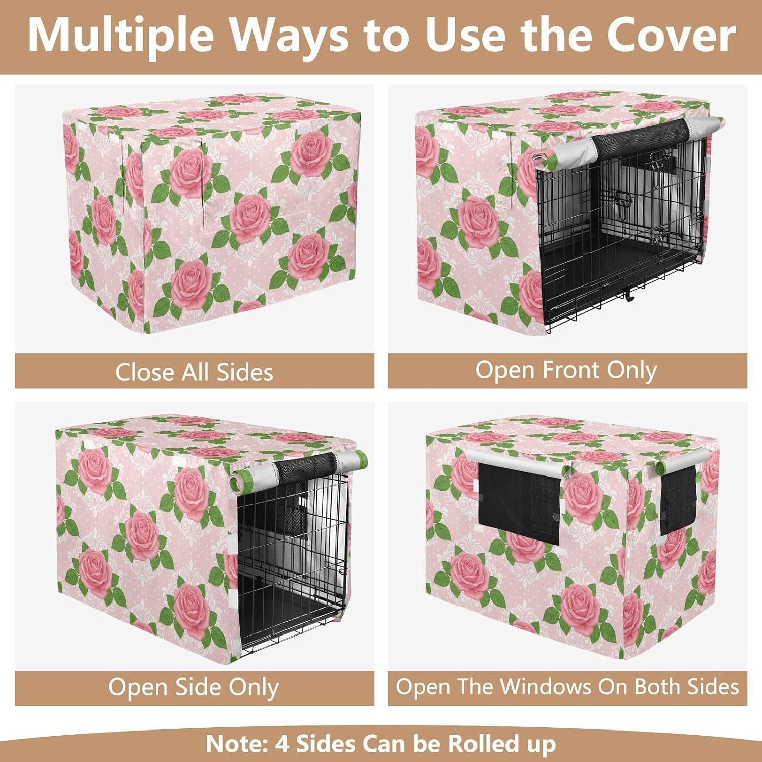 Duty 600D Silver Coated Dog Crate Cover, Water-Resistant Rose Pet Kennel Canopy with Mesh Windows for Optimal Ventilation, Universal Fit for Standard Wire Cage, Indoor & Travel