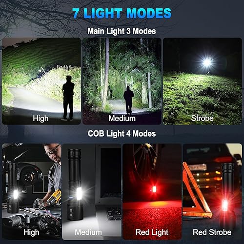 Miniatura 6 de Linternas LED recargables de alto lúmenes, 99,000 lúmenes, linterna súper brillante, 7 modos con luz de trabajo COB, potente luz de flash para