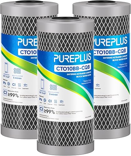 PUREPLUS Filtro de agua de carbón activado para toda la casa de 5 micrones de 10 x 4.5 pulgadas, cartucho de repuesto de carbón de eliminación de
