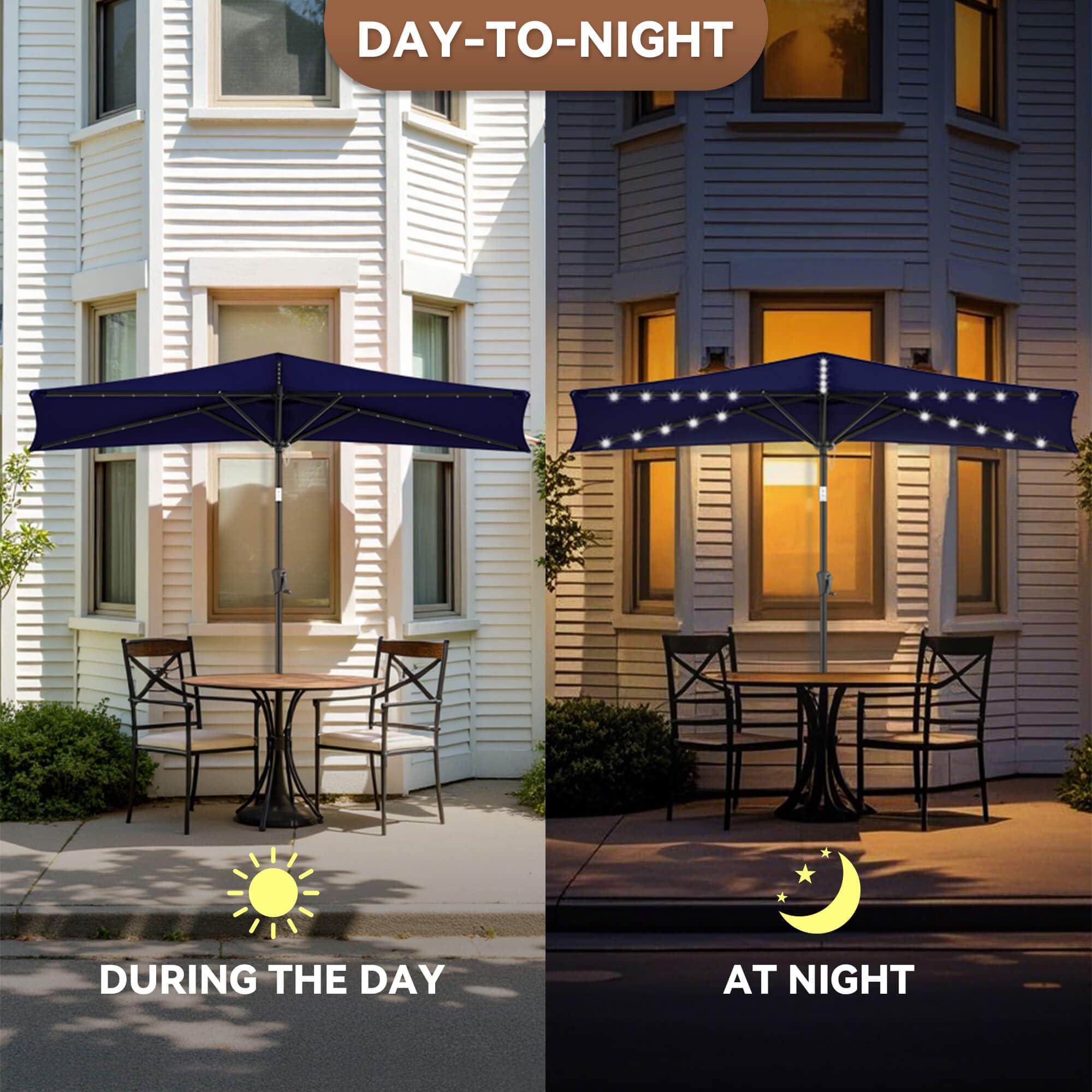 Amazon.com : FLAME&SHADE 9 ft Solar Half Patio Umbrella with Lights, Navy Blue