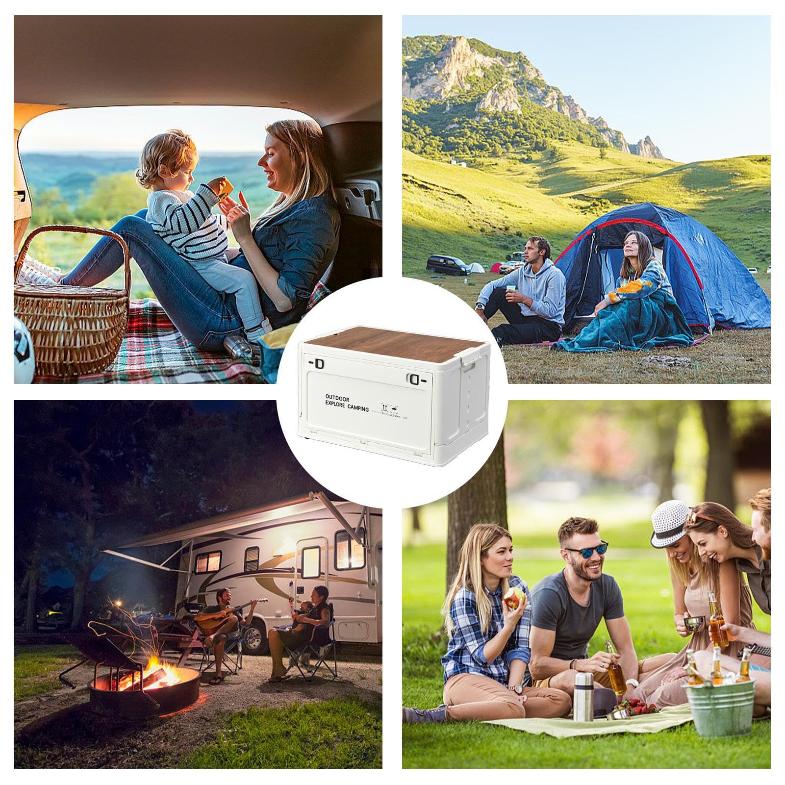 Generisch Camping - -Speicherbox - faltbare und stapelbare Lagerbehälter | mit Holzabdeckung - Multifunktional faltbarer Lagertank für Campingplatz, Haus und Büros im Freien