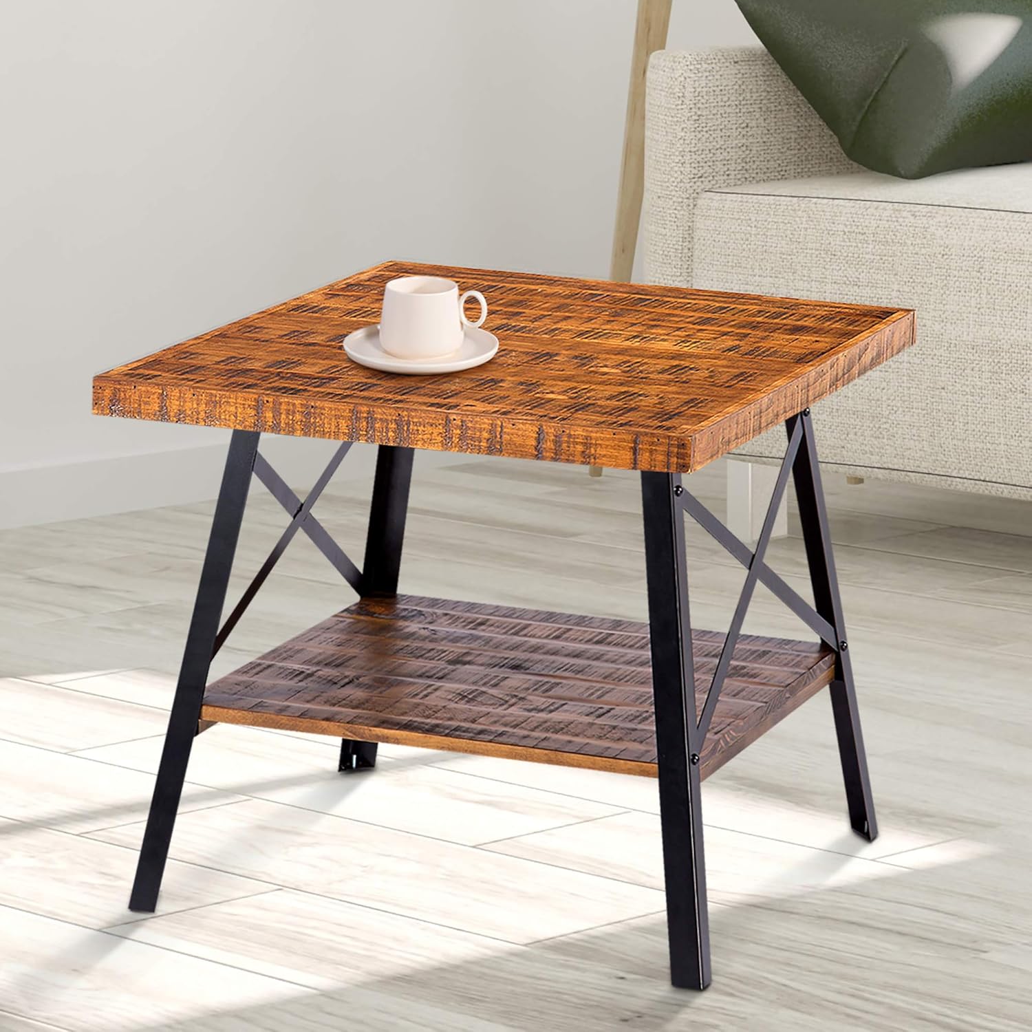 Authеntіс Crаzу Dеаlѕ Olee Sleep 24” Solid Wood & Dura Metal Legs End Table, Rustic Brown