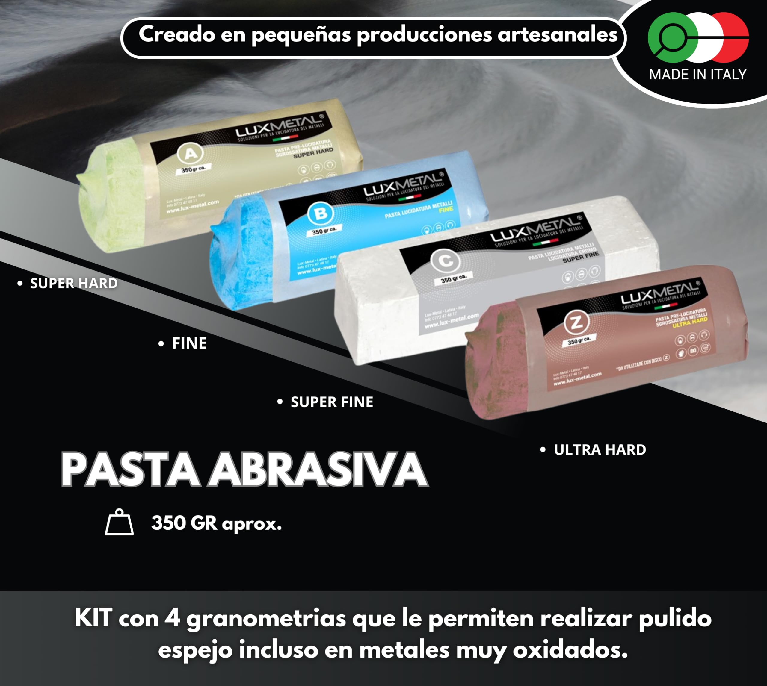 Lux Metal - Kit de pulido 03 con 4 discos de pulido de 200 mm y 4 pastas de pulido sólidas de 350 g - Ideal para pulir Aluminio, Hierro, Acero inoxidable, Latón, Bronce, Cromo, Cobre, Plata, Oro