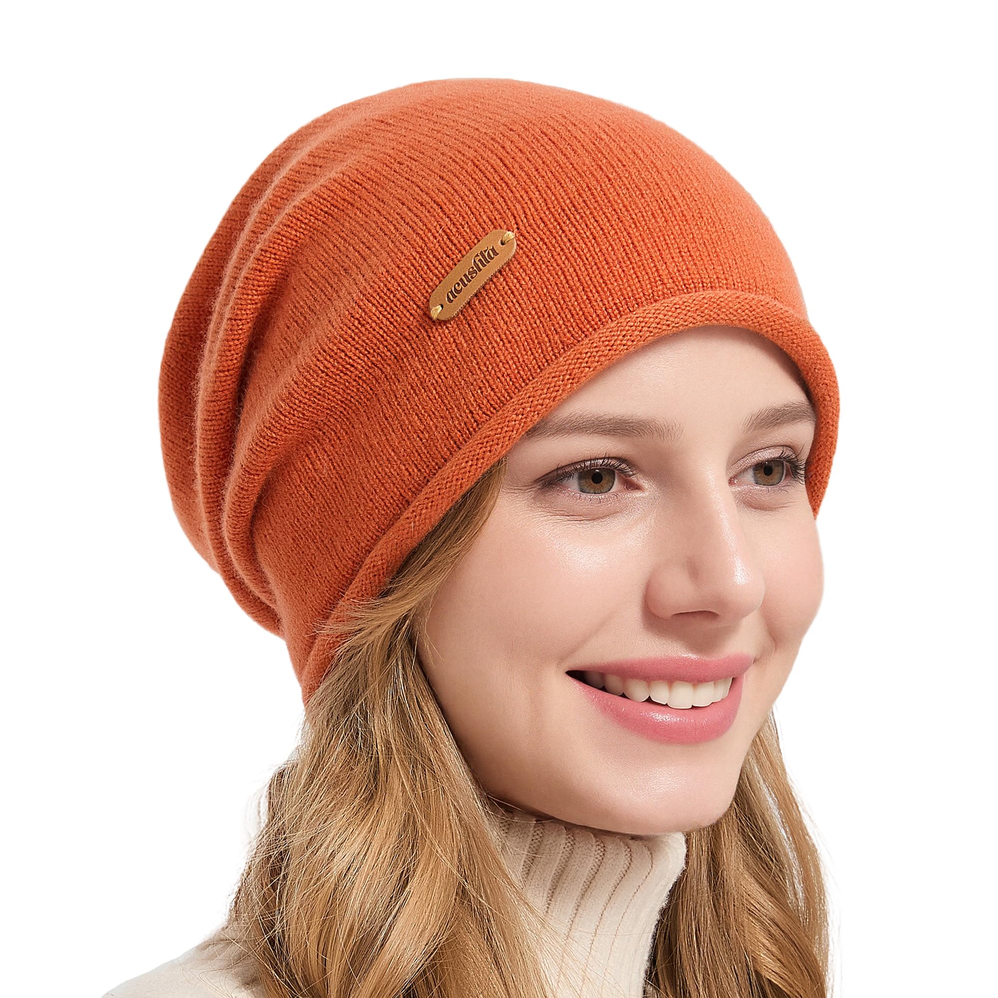 Acushla Unisex Orange 100% Merino Wool Slouchy Beanie For Women & Men Knit Winter Hat Warm Skull Cap For Cold Weather