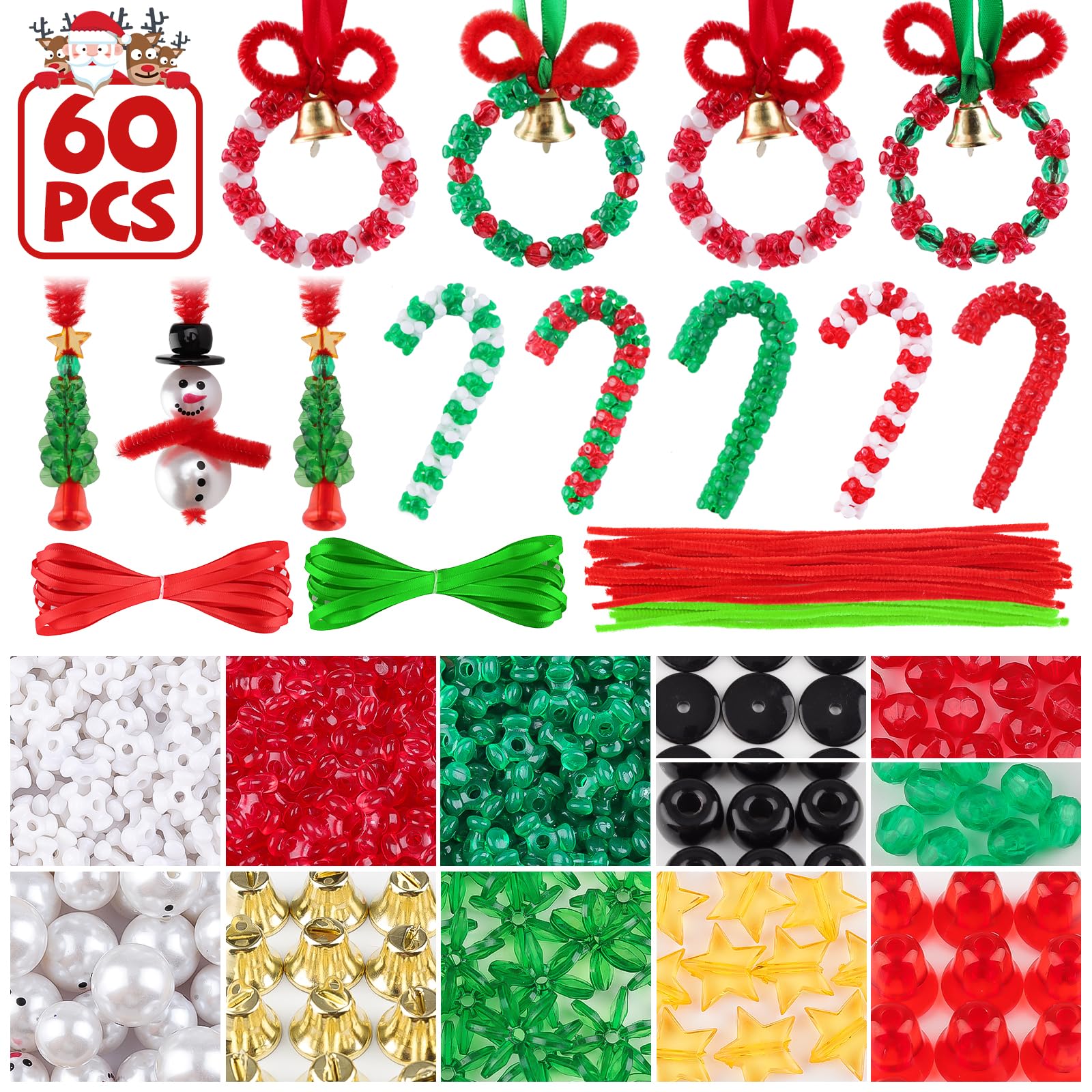 Lanstics60 Sets Christmas Craft Beaded Ornament Kit Including 18PCS Wreath/18PCS Candy Cane/12PCS Snowmen/12PCS Christmas Tree for Xmas Craft Tree Decorations Adults Holiday Party (Assembly Needed)