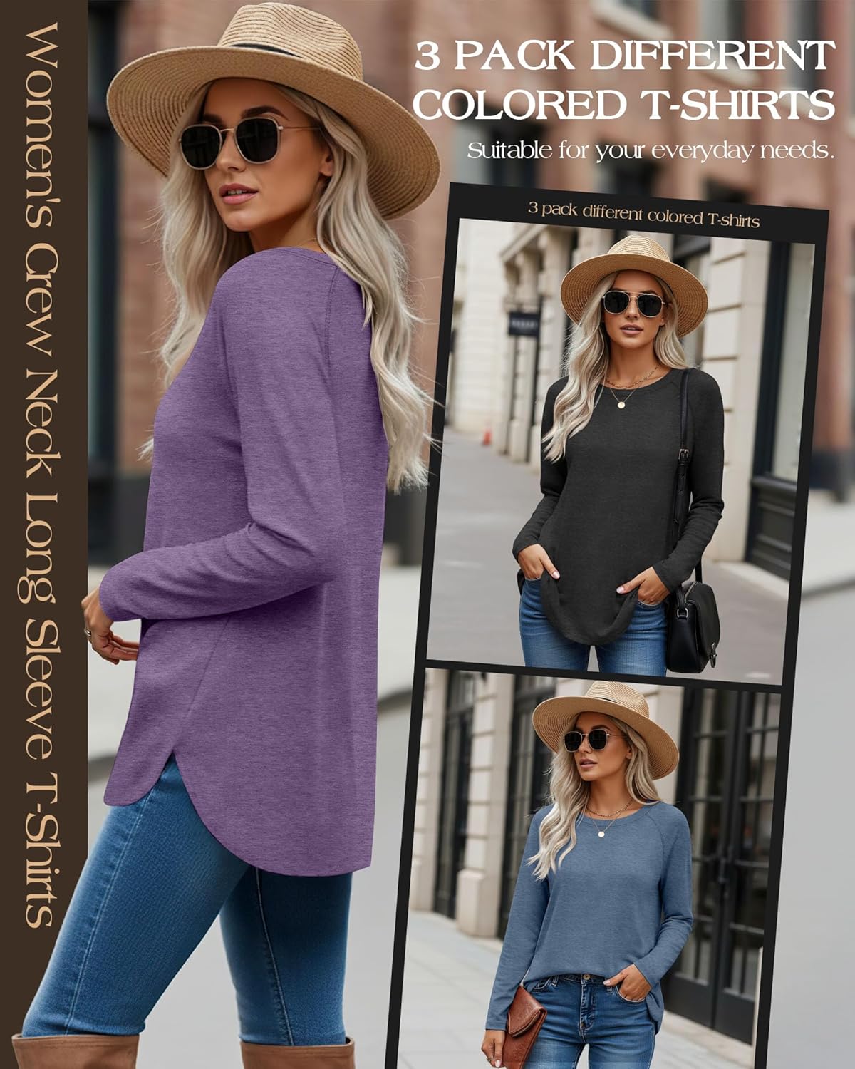 Ficerd 3 Pack Women's Long Sleeve T-Shirts Crew Neck Raglan Sleeve Casual Loose Fit Shirts Side Split Curved Hem Tunic Tops - Image 3