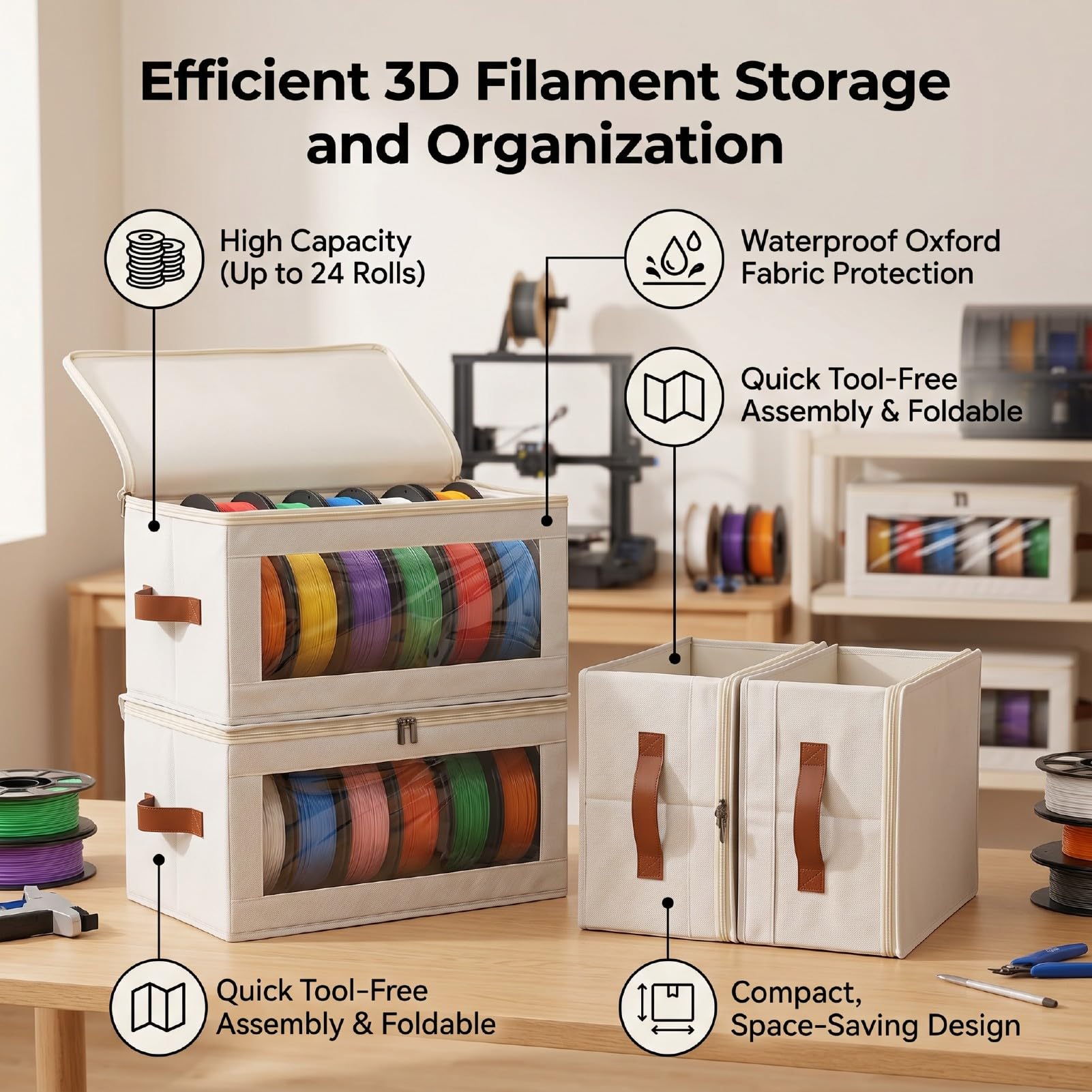 Filament-Aufbewahrungsbox, 4er-Pack, Faltbar, Wasserdicht, Transparent, 3D-Drucker-Filament-Trockenbox, Fasst Bis zu 24 Rollen, Druckzubehör-Halterregal für Zuhause, Büro (Beige)