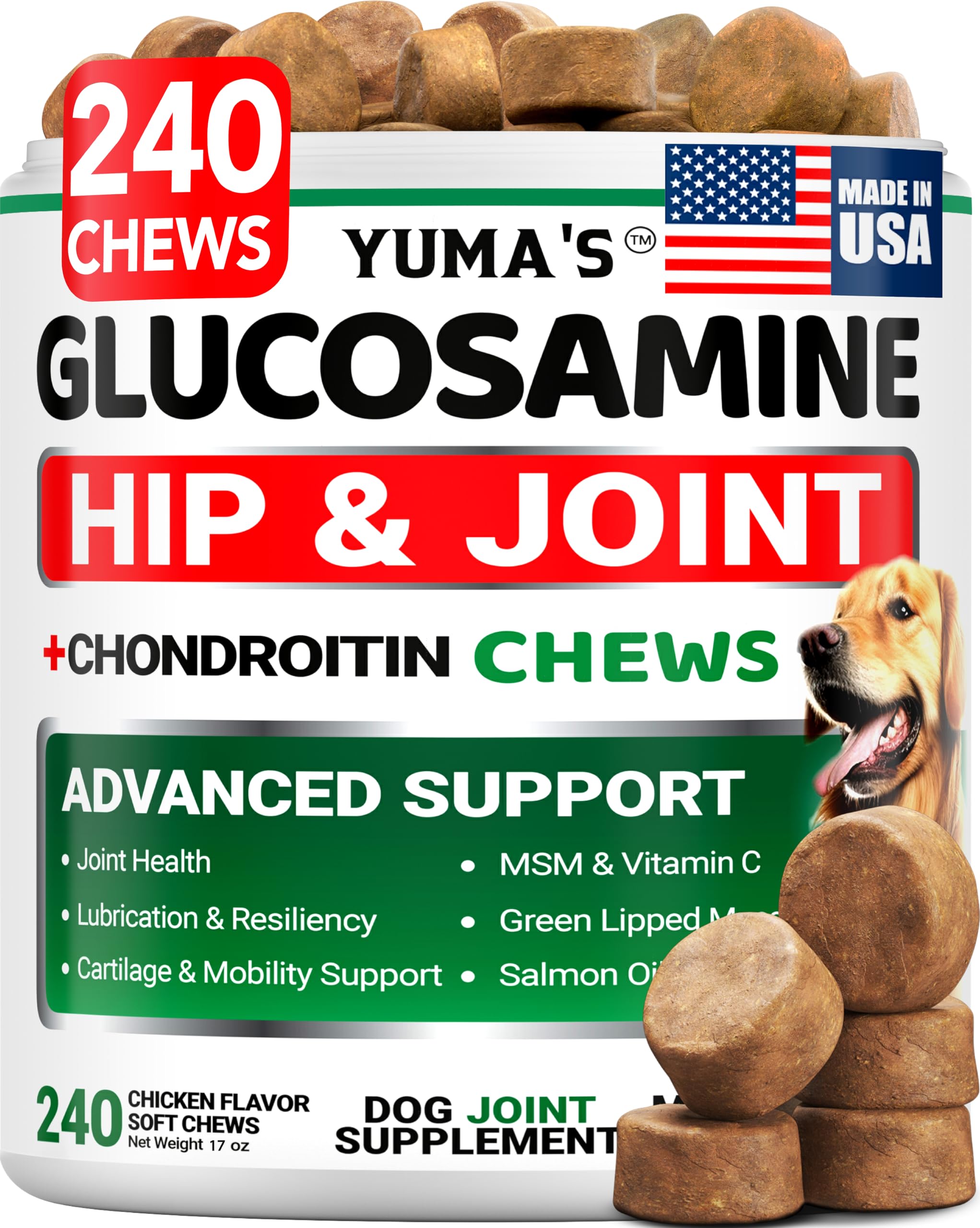 Glucosamine for Dogs - 240 Chews - Hip and Joint Supplement for Dogs - Advanced Glucosamine Chondroitin Treats with MSM - Joint Pain Relief - Large & Small Breed - Mobility Support - Made in USA