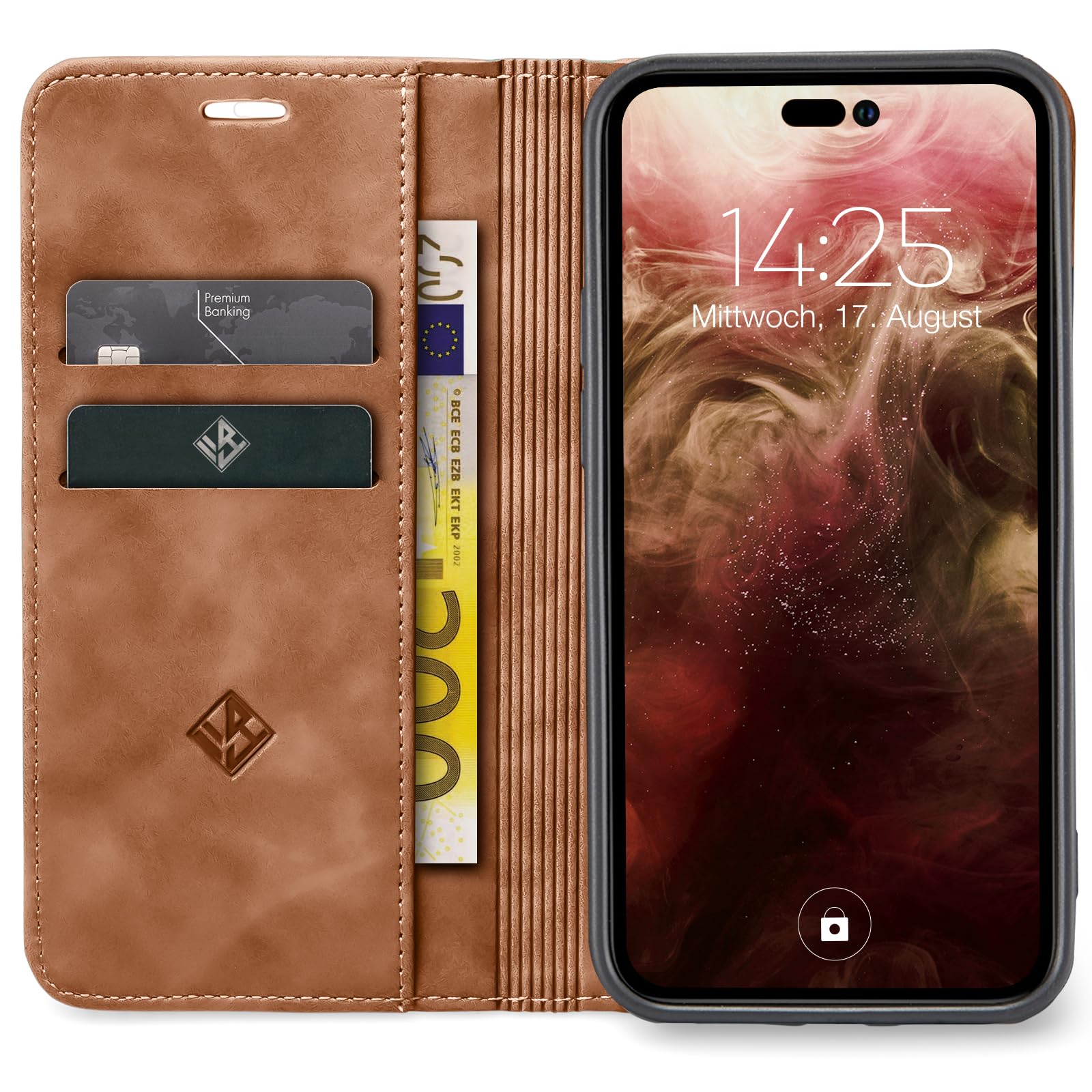 LBH Custodia A Portafoglio Per IPhone 14 Pro Max – Pelle Sintetica Marrone Chiaro, Scomparti Carte E Banconote, Funzione Leggio, Chiusura Magnetica