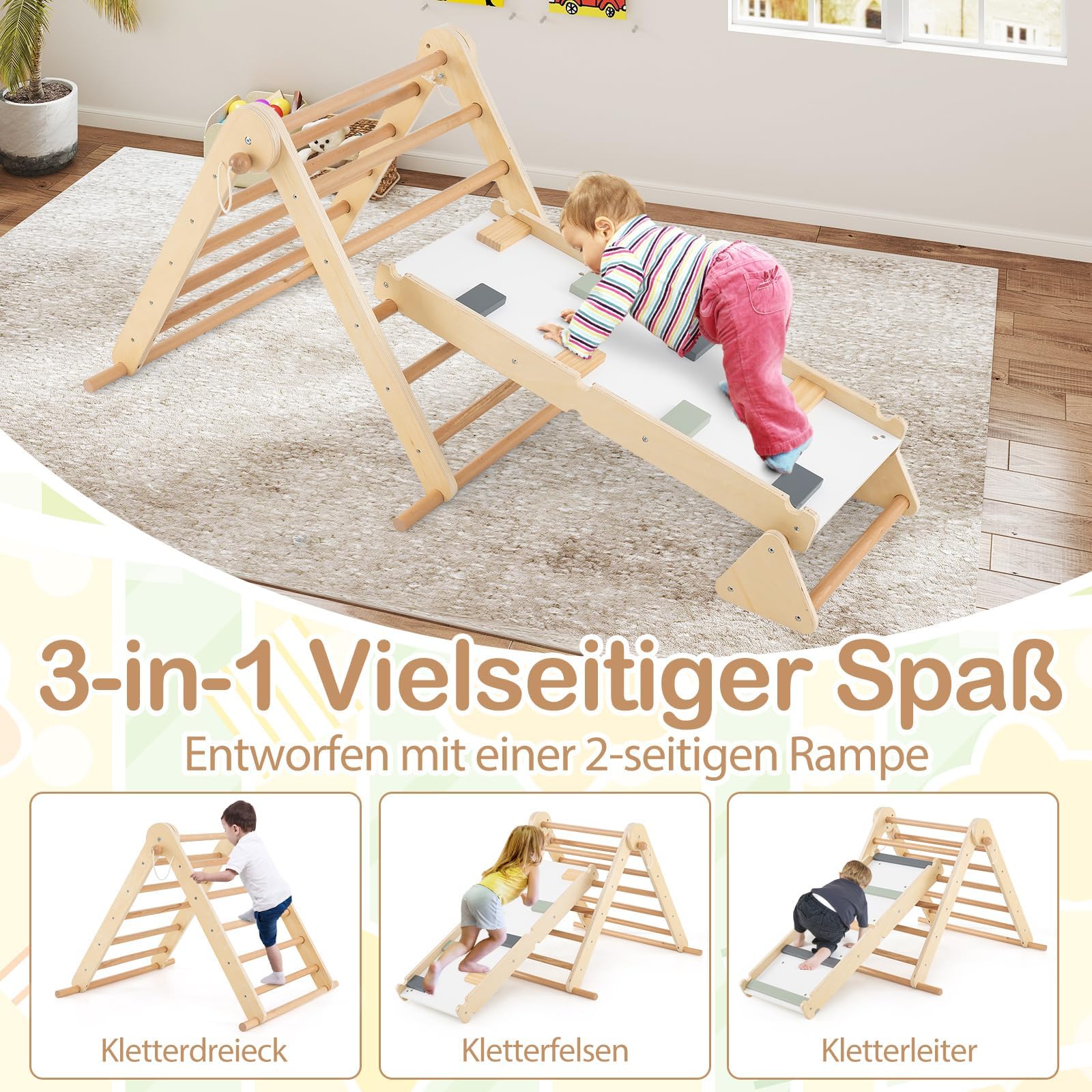 FANTASK 3 in 1 Kletterspielzeug Indoor, Sprossendreieck Holz, Kletterdreieck Set für Kinder ab 3 Jahren, 115 x 69 x 59 cm, Natur