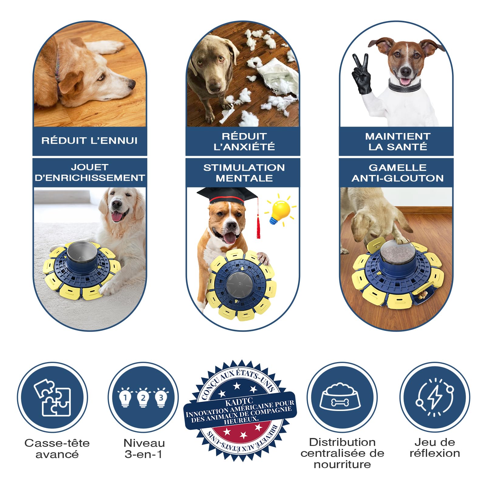 KADTC Jouet Puzzle interactif 3‑en‑1 avancé pour Chiens intelligents (Petits, Moyens et Grands) – Jouet Distributeur de friandises Stimulant pour l’entraînement cognitif et la Stimulation mentale