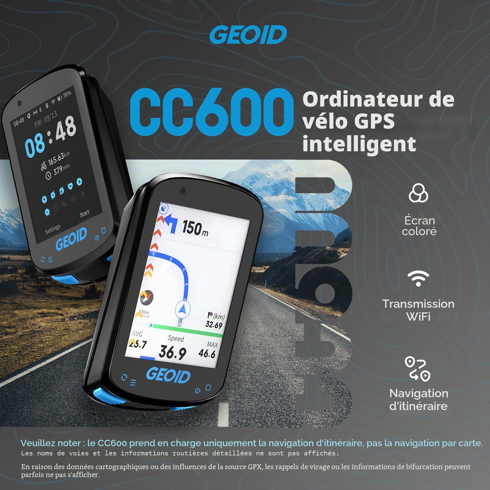 Ordinateur de vélo GPS GEOID CC600 avec capteur de Cadence/Vitesse CS600, Ceinture cardiofréquencemètre HS500 et Support de Guidon prolongé – Ensemble Complet