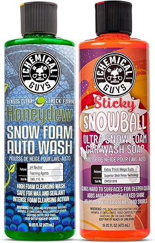 Chemical Guys Honeydew (CWS_110_16) y espuma adhesiva para nieve (CWS21516) - Paquete de jabón de lavado de autos de 16 onzas (2) botellas de 16