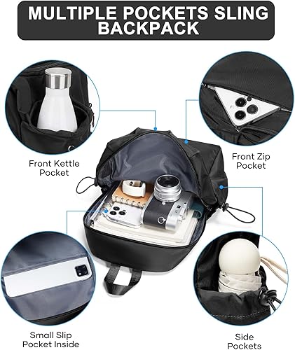 Miniatura 6 de Black Sling Crossbody Bag for Men Women, Tactical Backpack Shoulder Daypack Mini Anti-Theft Motorcycle Chest Bags, Small One Strap Backpack for