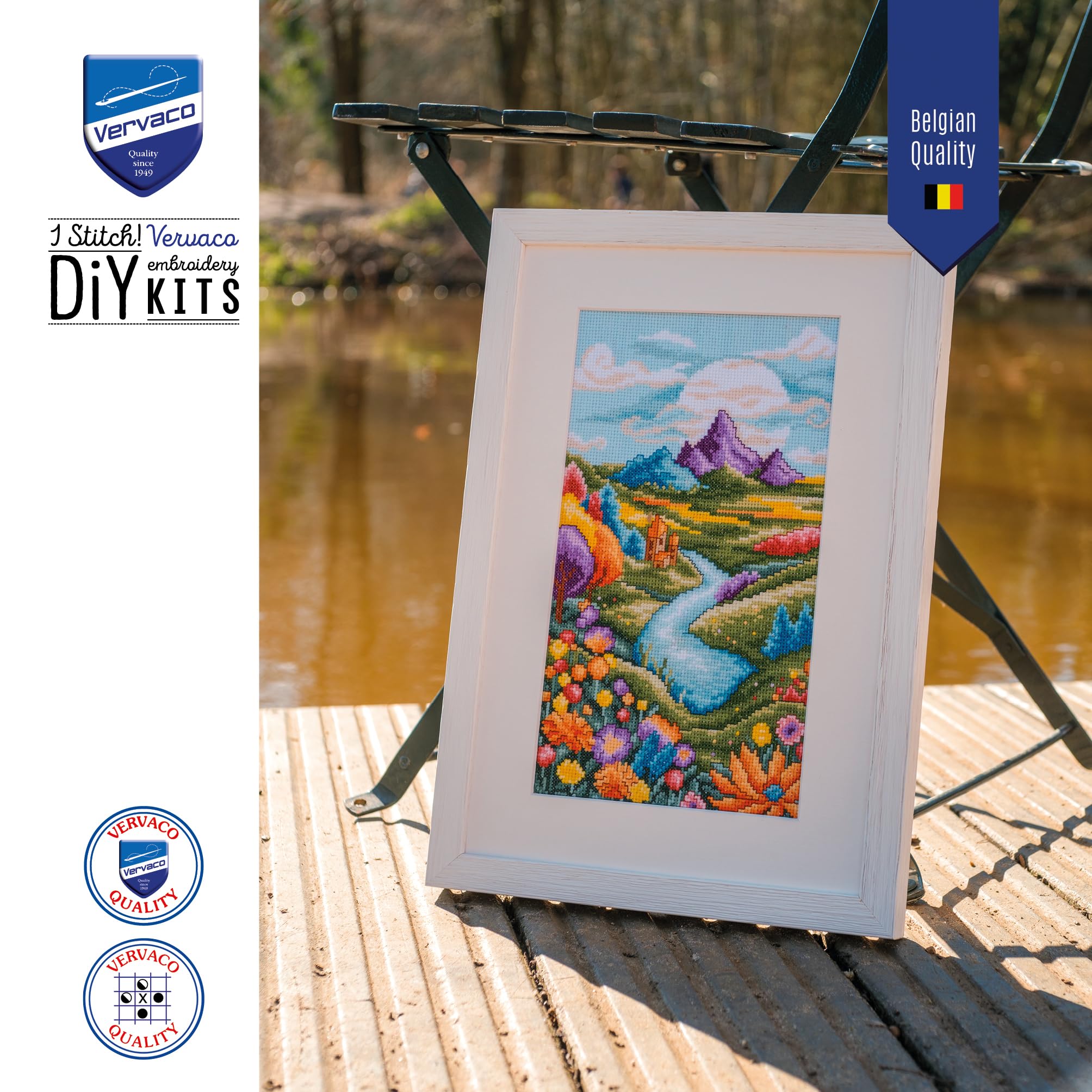 VERVACO Haft Krzyżykowy Liczony Zestaw Obraz do Haftu KRAJOBRAZ RZECZNY Zrób to Sam Zestaw Kreatywny dla Dorosłych 16 x 28 cm Dekoracja Ścienna DIY Cross Stitch Kit