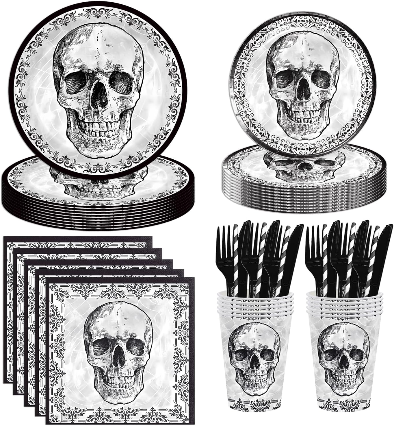 140Pcs Black Skull Birthday Party Decorations for 20 Guests - Halloween Tableware Skull Party Supplies Plates and Napkins Forks Cups Straws for Baby Shower Birthday Decorations