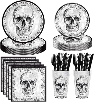 140Pcs Black Skull Birthday Party Decorations for 20 Guests - Halloween Tableware Skull Party Supplies Plates and Napkins Forks Cups Straws for Baby Shower Birthday Decorations