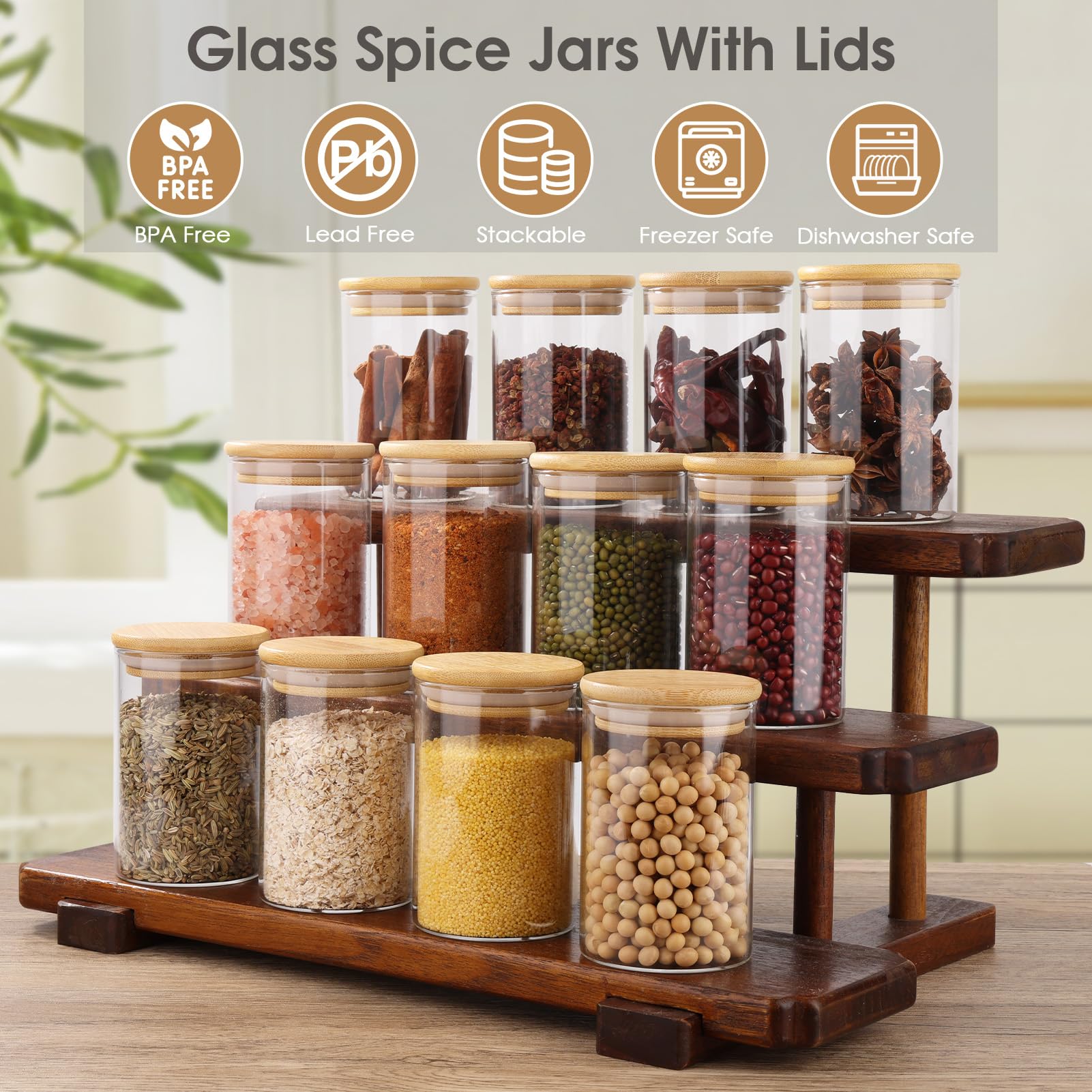 12 Pot a Epices Ronds, 250ml Bocaux à Épices en Verre et Bois, Bocaux en Verre Hermetique Récipient à épices, Boite Epices Cuisine Rangement, ⌀6,5cm x 10,5cm