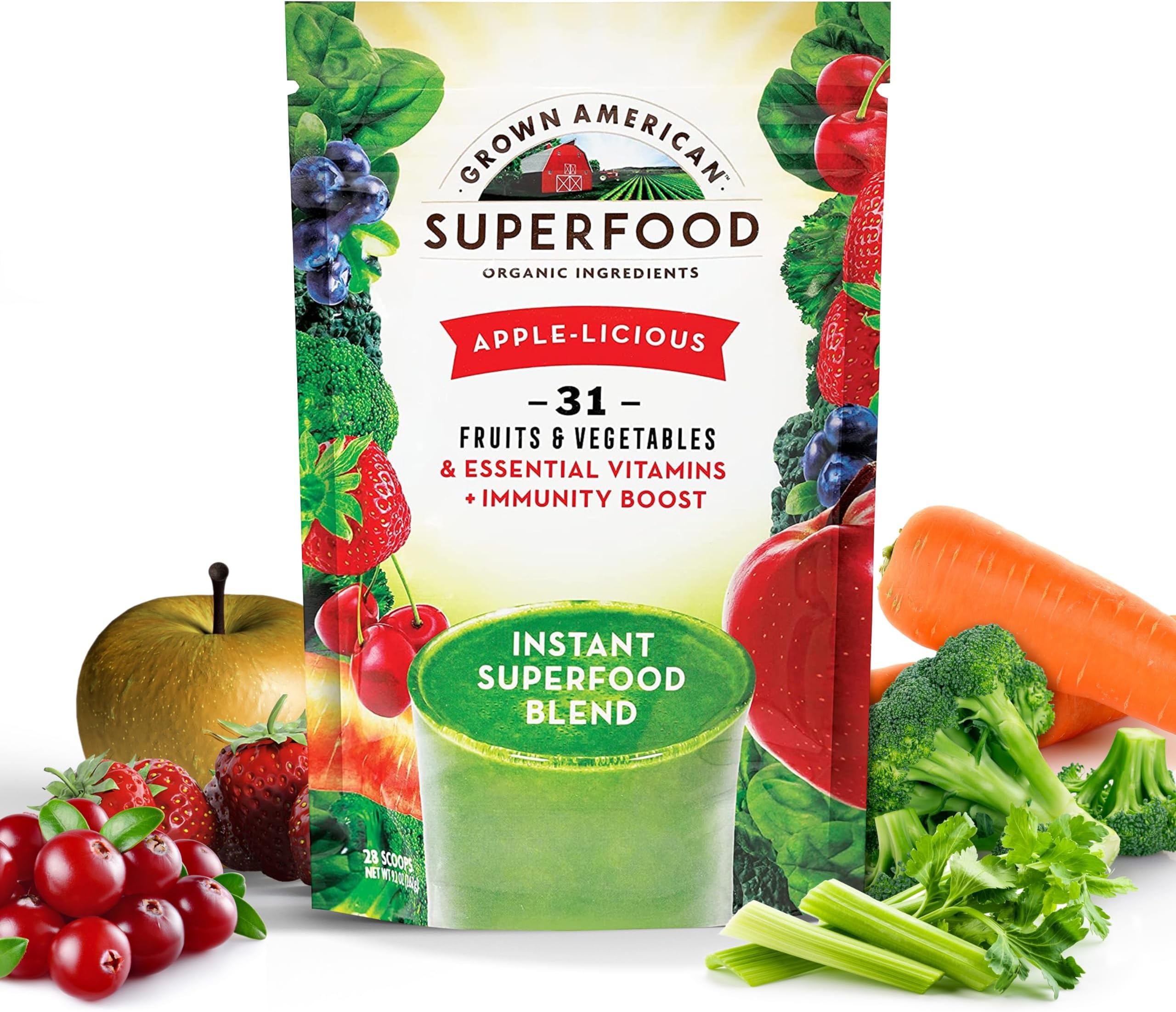 Grown American Superfood Ultra Vita-Immune Blend - 31 Organic Whole Fruits and Vegetables Concentrated Green Powder Increase Energy and Performance - 100% Vegan Non-GMO (28 Servings, 1 Bag)